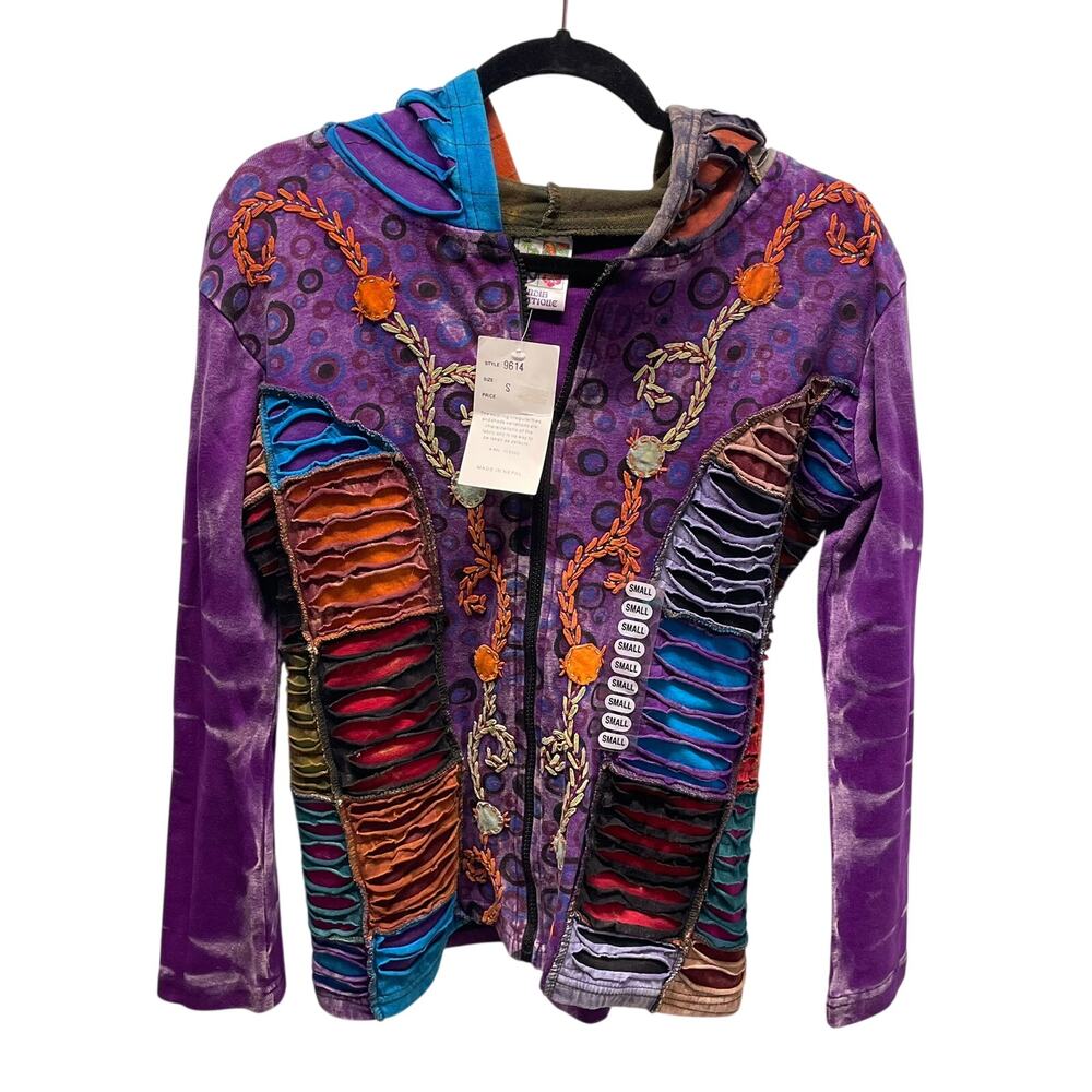 India Boutique Womens Full Zip Hoodie S Eclectic Colorful Made in Nepal NWT